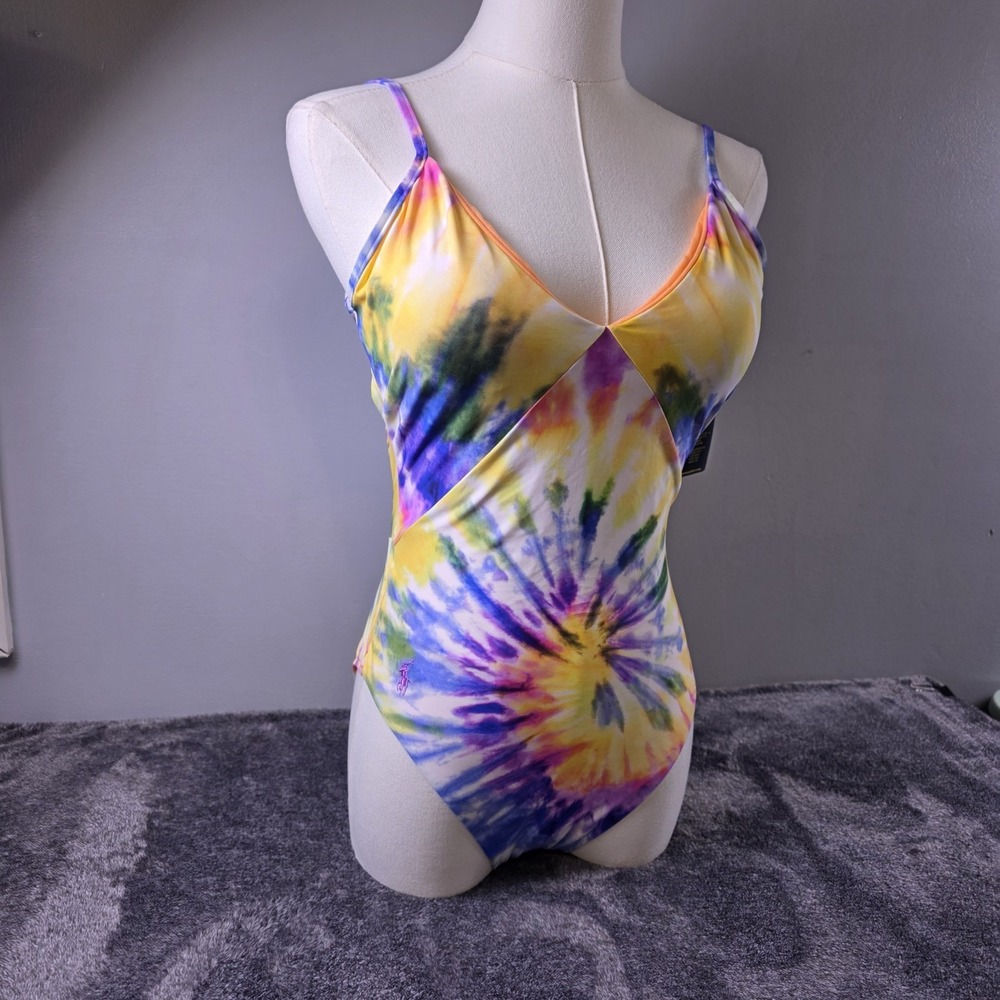 Polo Ralph Lauren One Piece Swimsuit Spiral Tie Dye Lace Up Back Size Small Chic